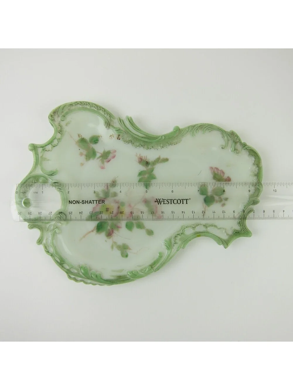Vintage Milk Glass Vanity Tray / Candy Dish Green & Pink Flowers Open Handle